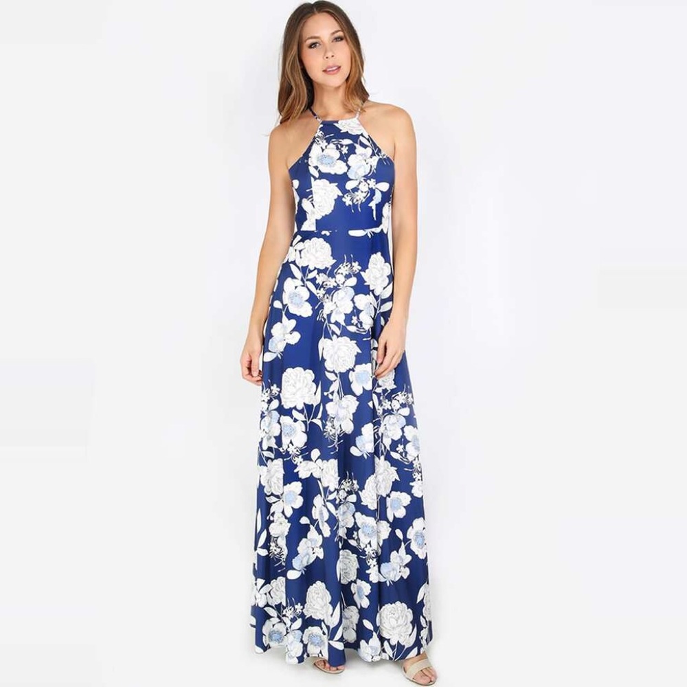 Mock Halter Blue and White Floral Maxi Dress - Picture 7 of 7
